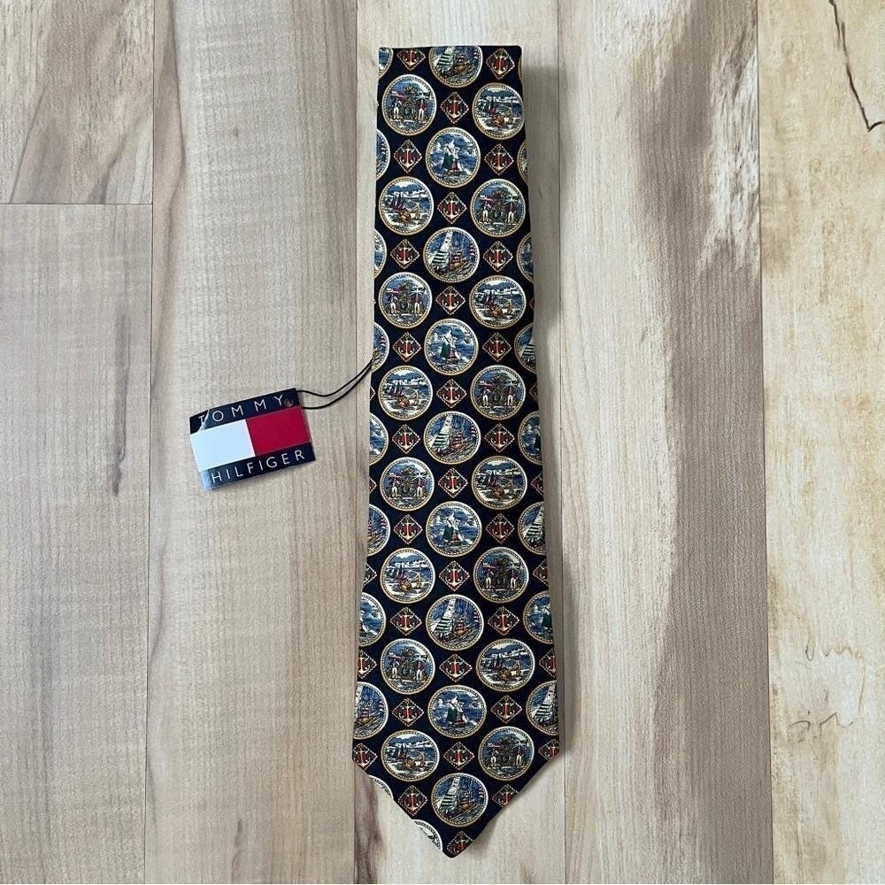 Vintage Tommy Hilfiger Tie New NWT Deadstock Silk Navy Blue Nautical Preppy USA